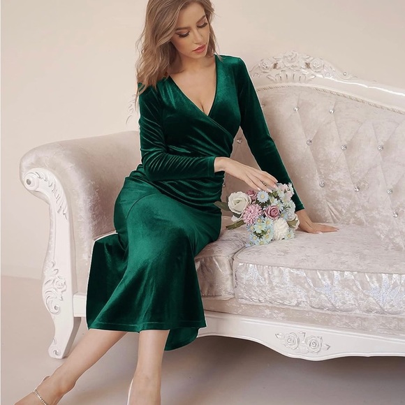 Women's V Neck Wrap Long Sleeve Elegant Mermaid Velvet Cocktail Maxi Dress - Picture 2 of 6